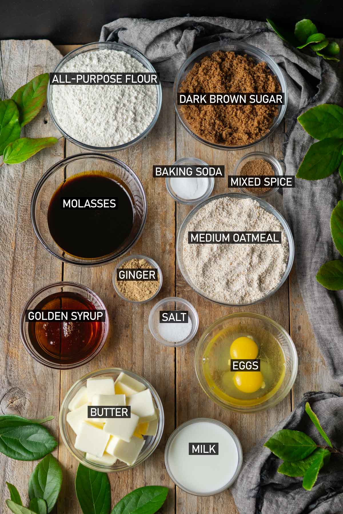 bowls of ingredients for Yorkshire parkin.