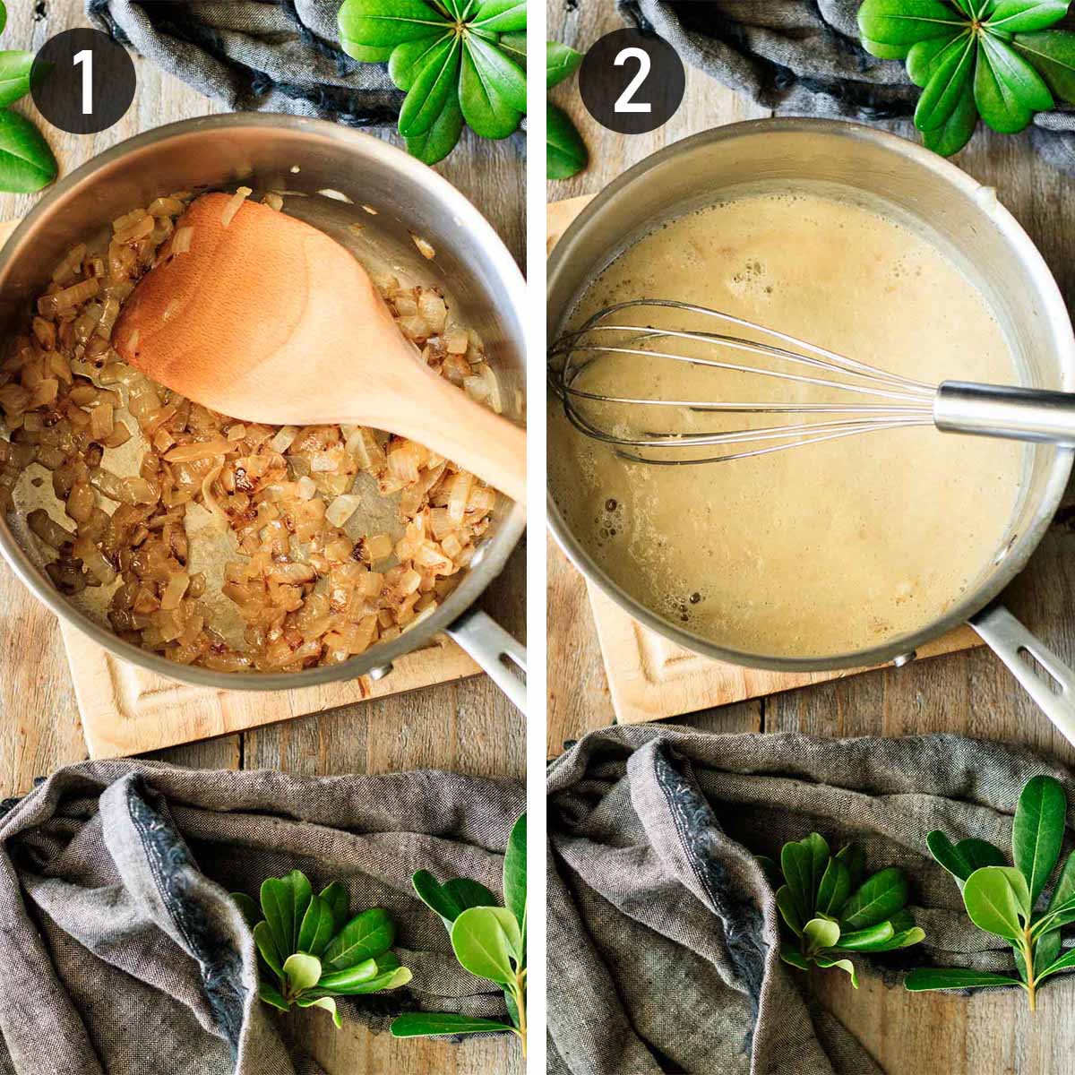 sautéing onions and cooking roux in a saucepan.