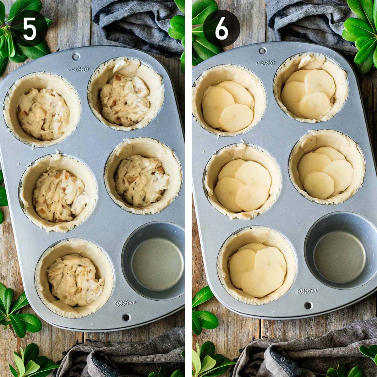 layering gravy and potatoes in the pastry-lined tin.
