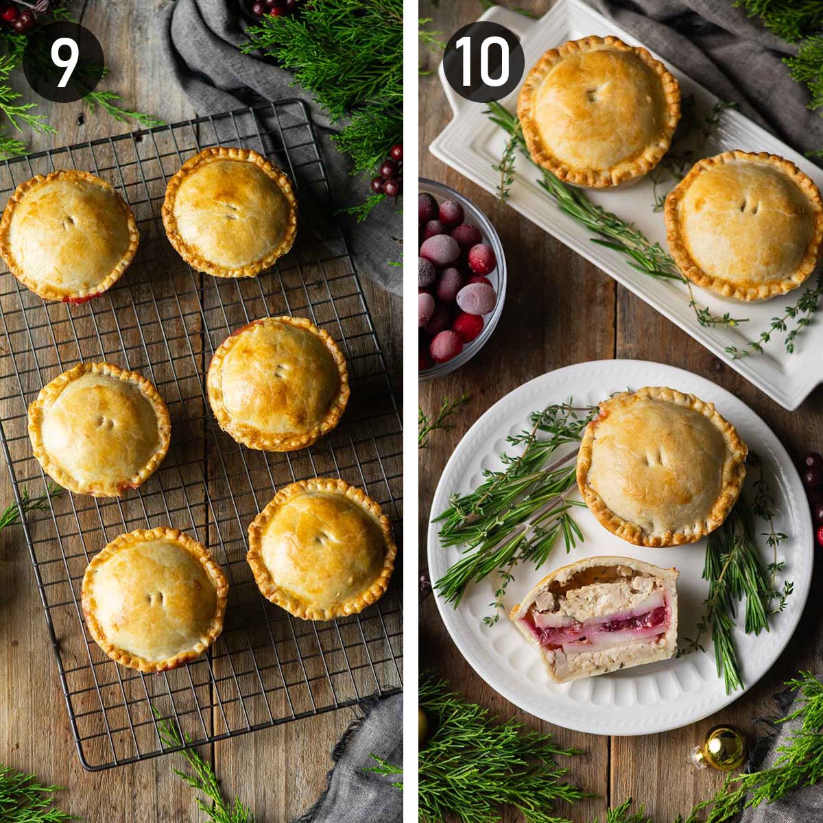 baked mini pies on a cooling rack with a serving plate.