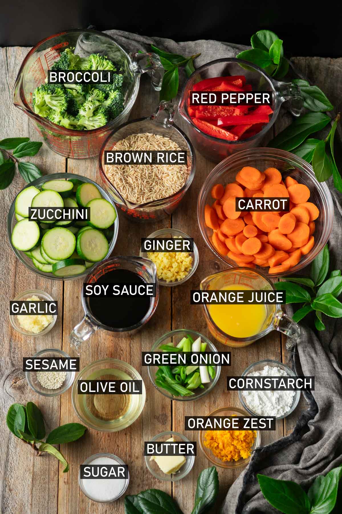 bowls of ingredients for vegetable stir fry.