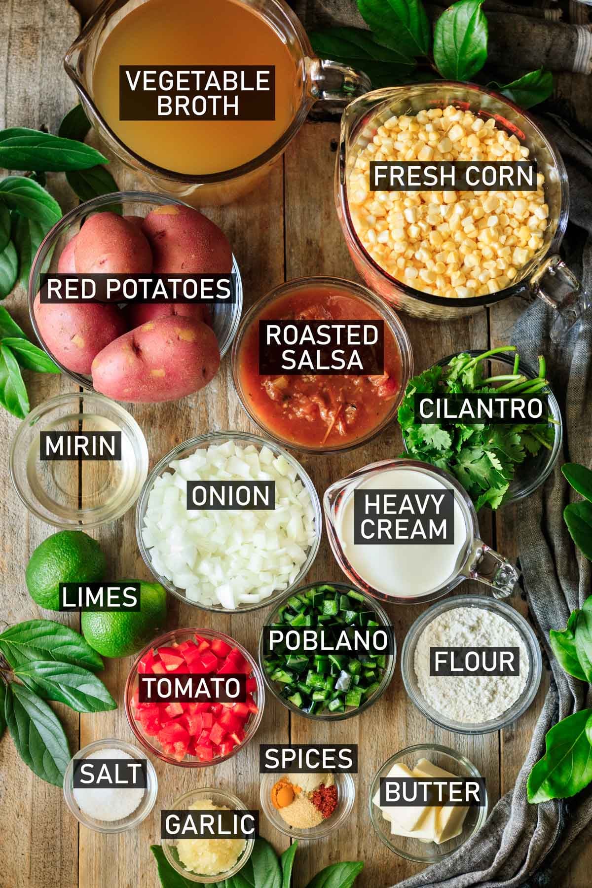 bowls of ingredients for Panera summer corn chowder.