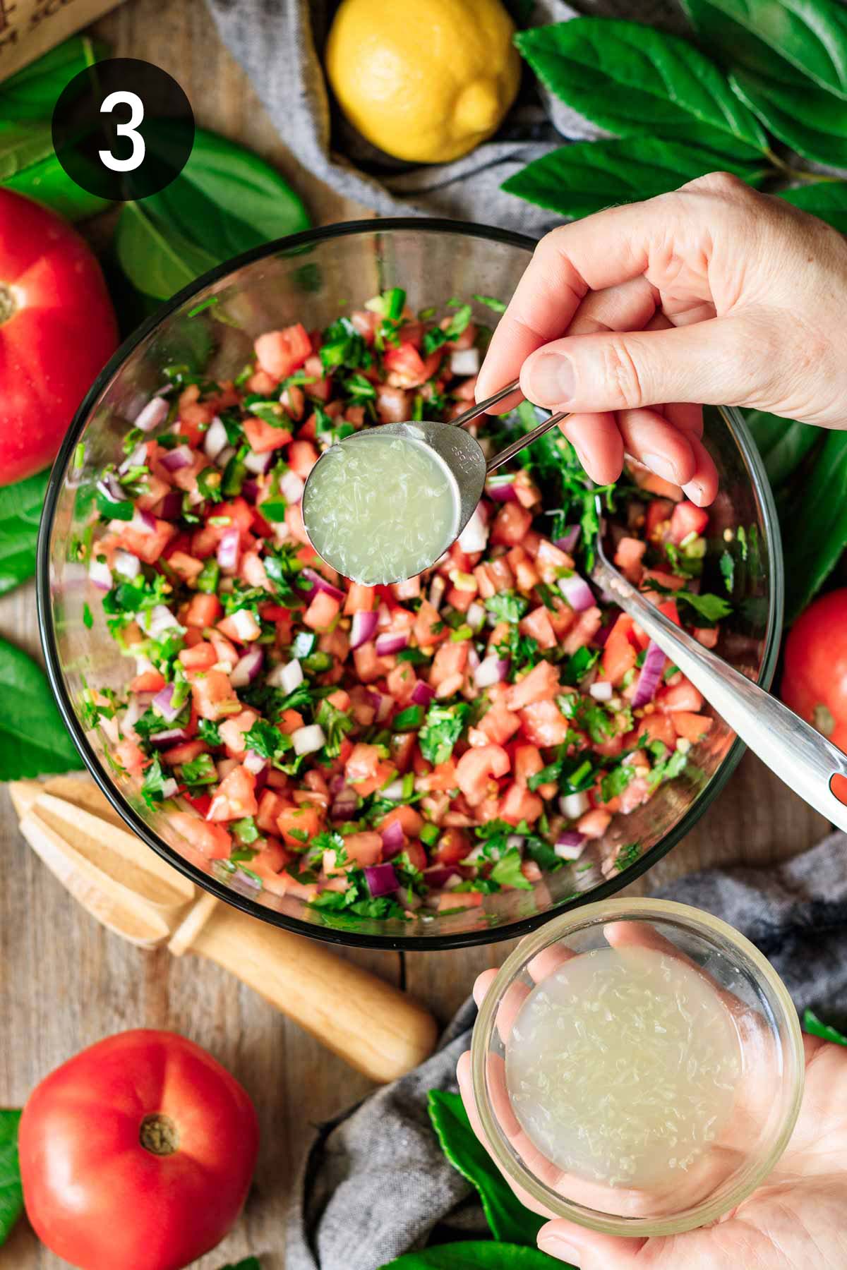 adding citrus juice to the salsa.