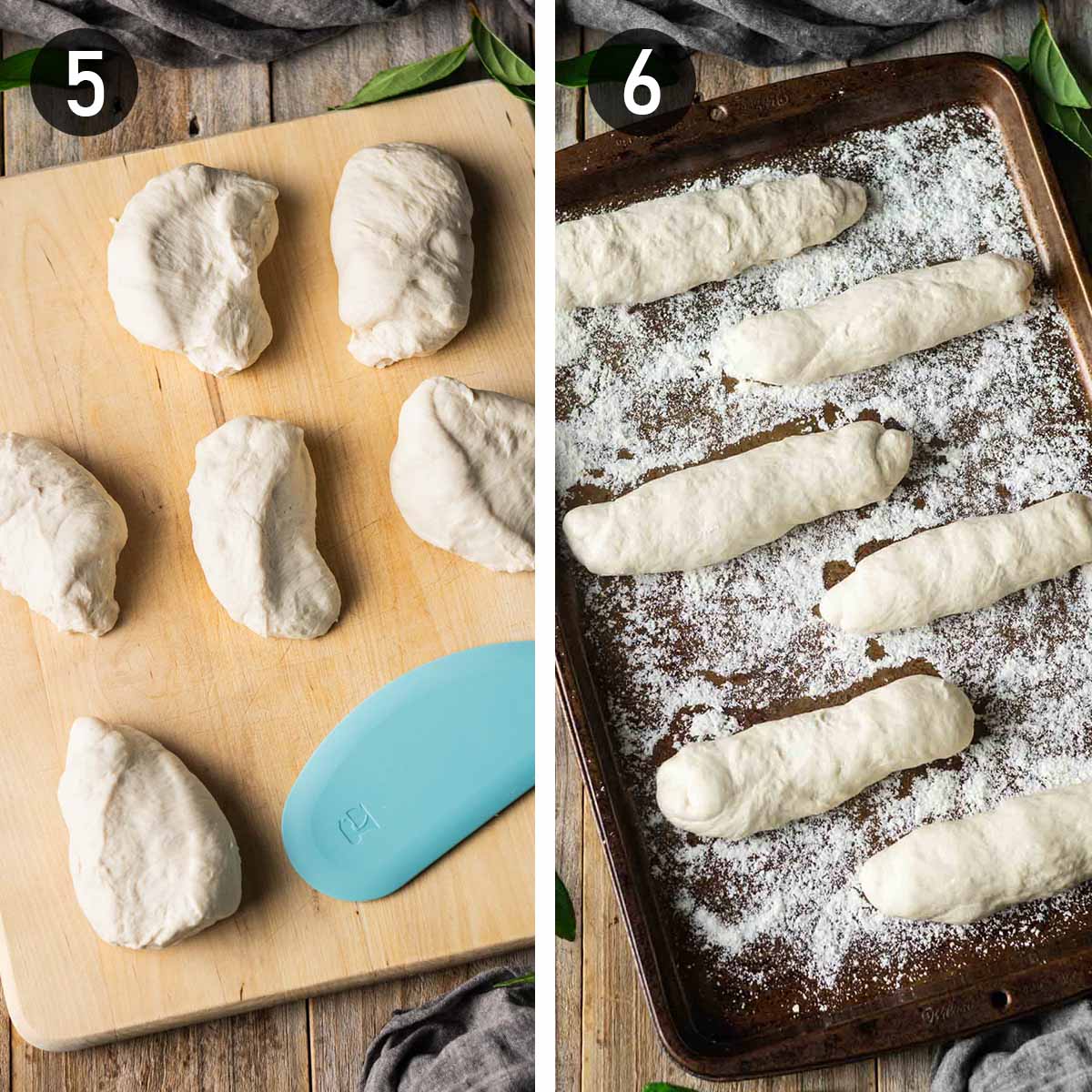 cutting the dough into six pieces and shaping into long rolls.