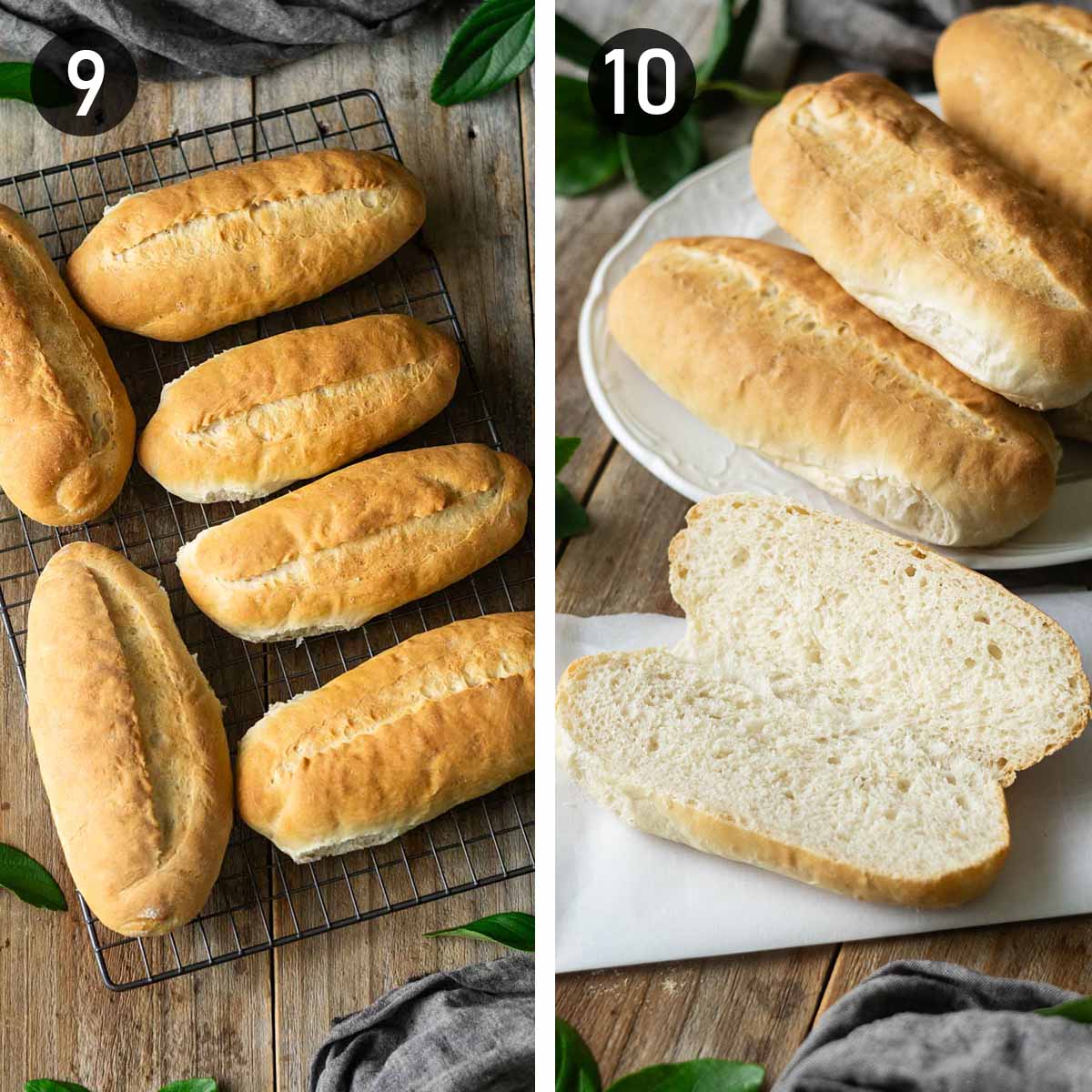 hoagie rolls cooling on a wire rack and being served.