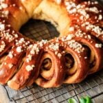 baked Swedish tea ring on a wire cooling rack.
