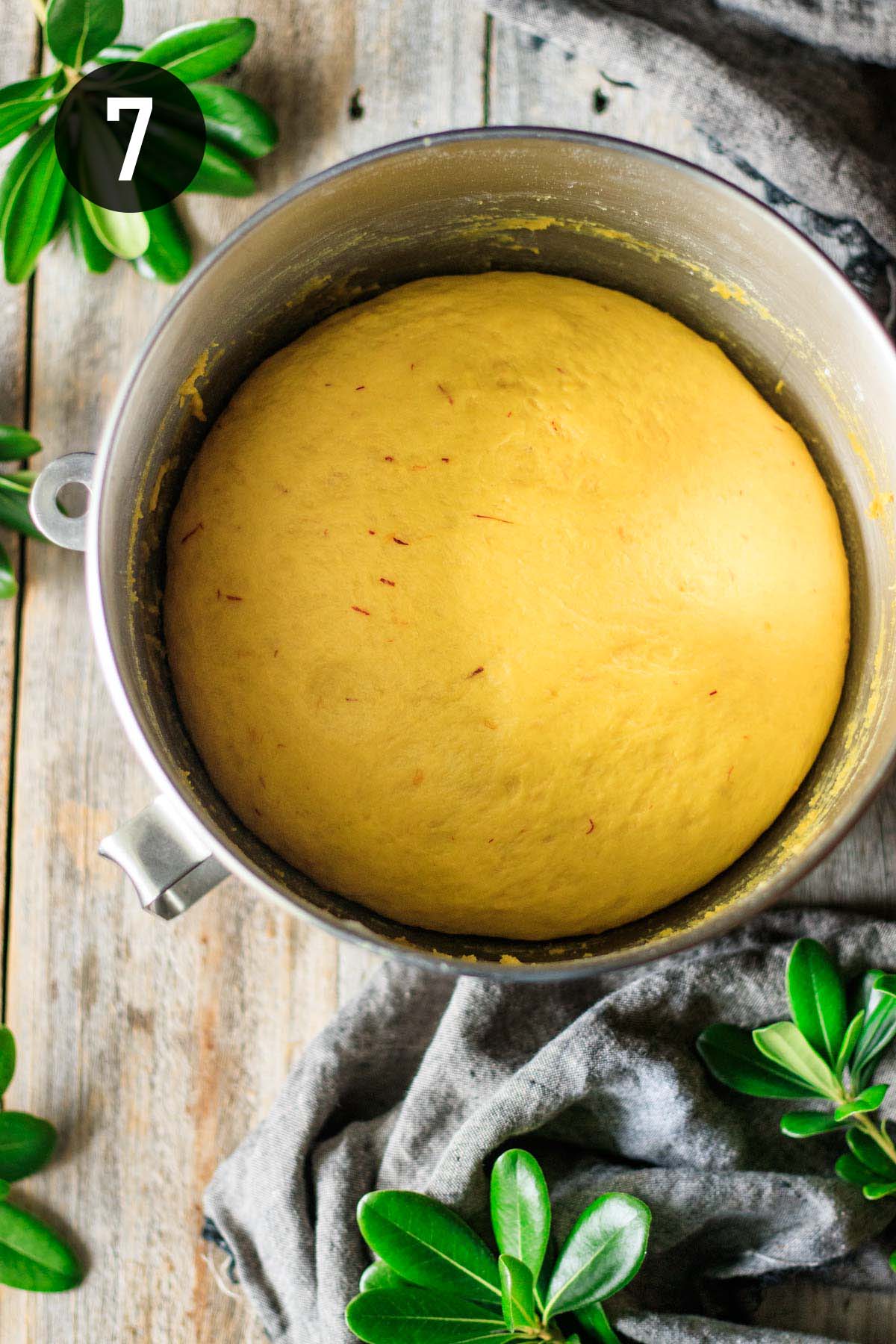 risen bread dough in a mixing bowl.
