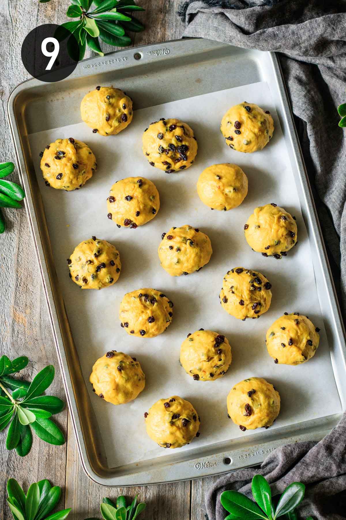 Cornish saffron buns on a parchment-lined baking tray before rising and baking.