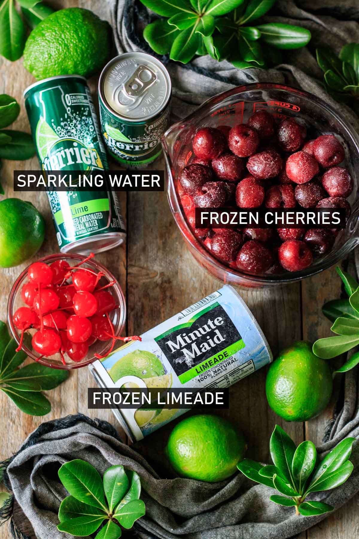 bowls of ingredients for frozen cherry limeade.