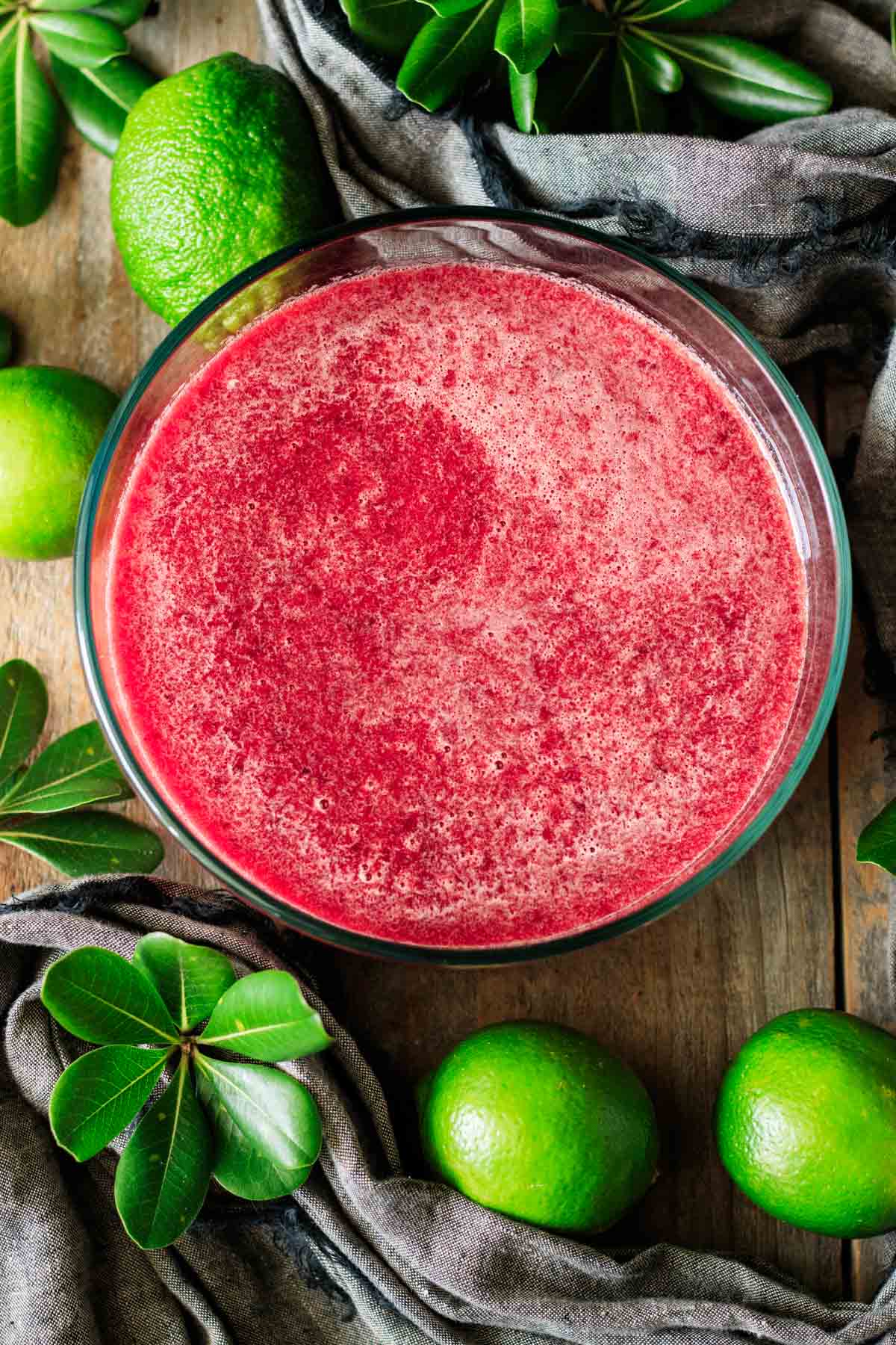 cherry limeade mixture in a round glass dish.