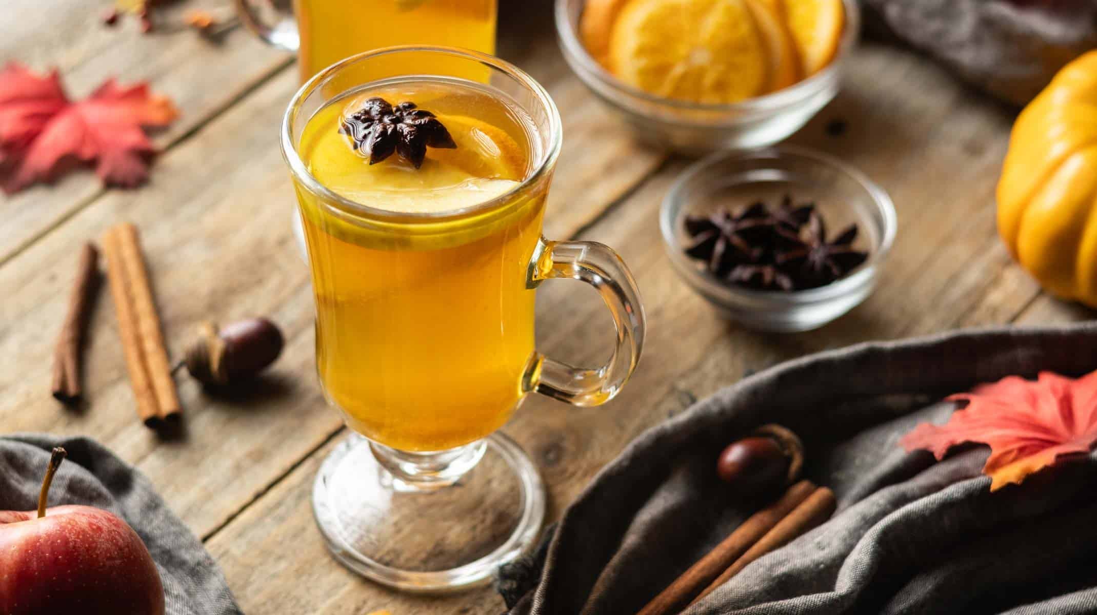 glass mug of apple cider with a star anise on top.