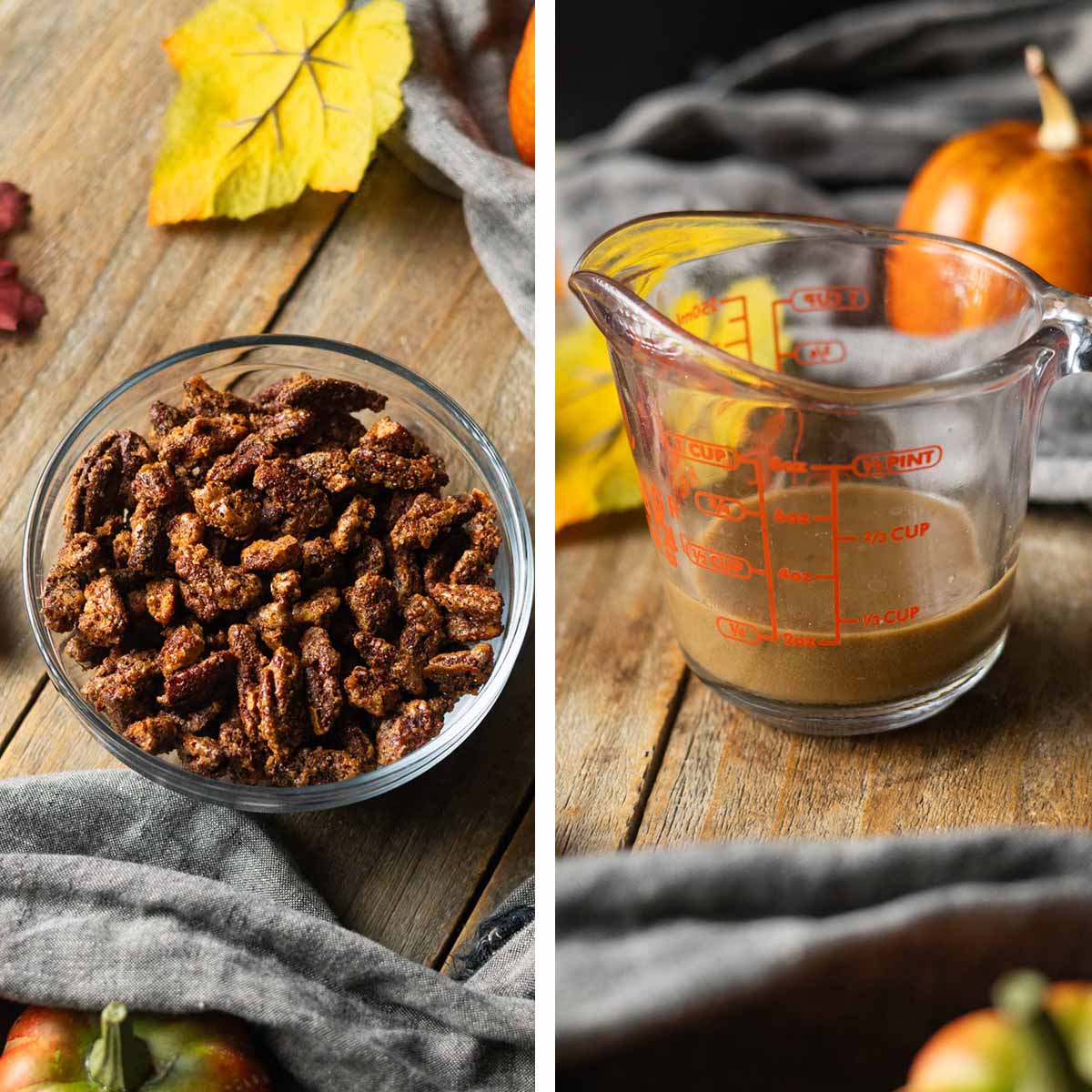 bowl of spiced nuts and a measuring cup of maple balsamic vinaigrette.